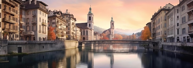 a city river with buildings standing in it in the style of swiss