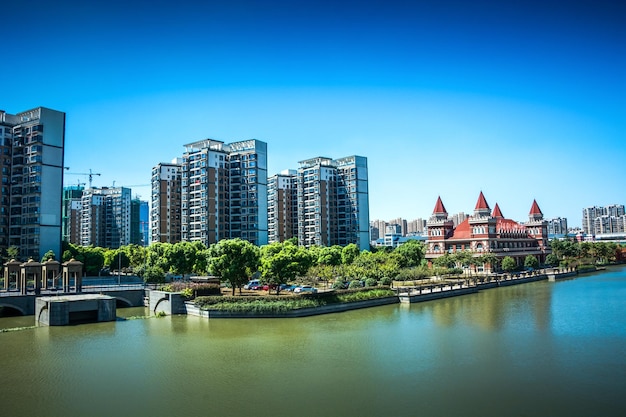 City road through modern buildings in beijing