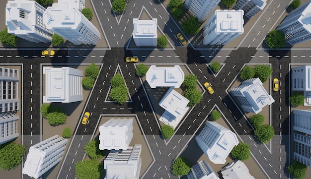 Foto vista dall'alto della città e della strada con il taxi in movimento