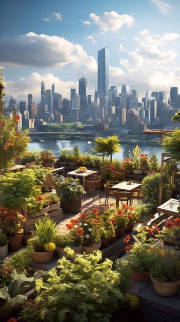 Photo a city rooftop garden filled with rows of vegetables and herbs