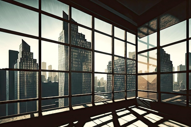 City rooftop view in building with towers and glass walls