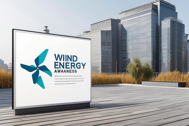 City Rooftop Wind Energy Awareness Signage Mockup with blank white empty space for placing your design