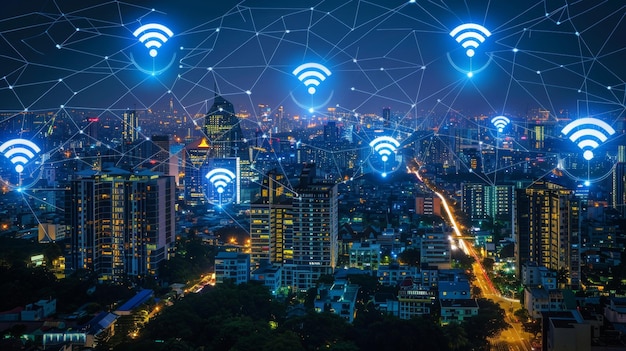무선 네트워크 및 연결 기술과 함께 도시 풍경 개념 밤에는 도시 배경으로 무선 네트워크 기술