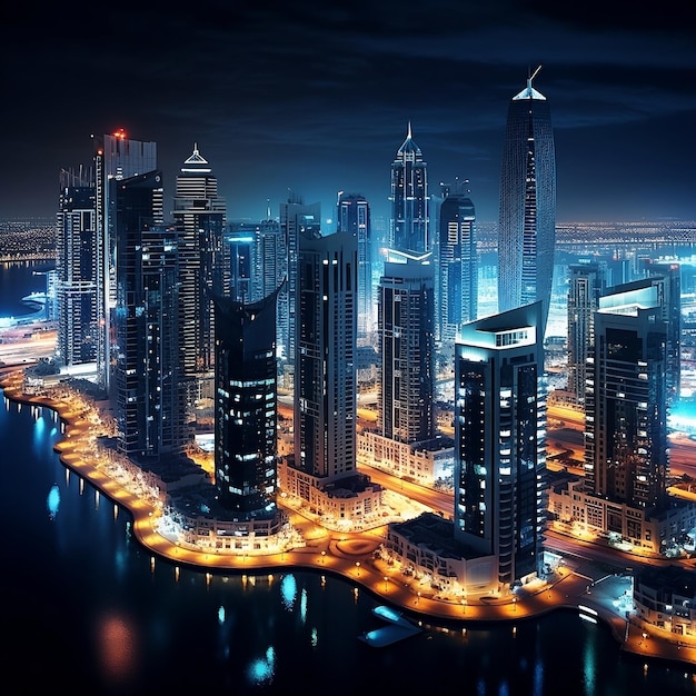 City scape of Dubai at night with Lights