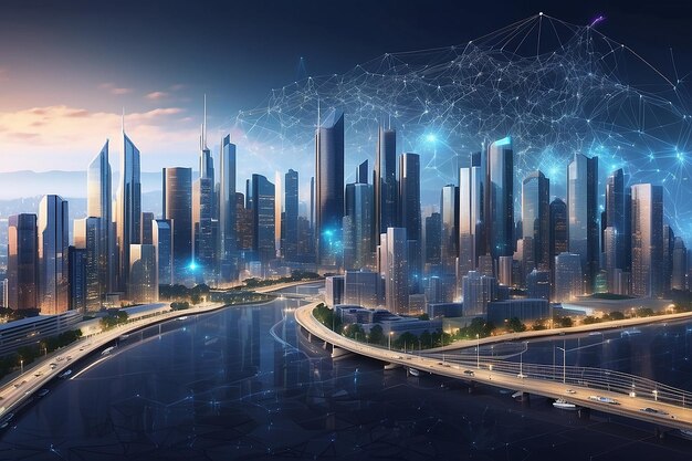 都市スケープとネットワーク接続コンセプト - 新たなグローバルビジネスのためのブロックチェーン接続