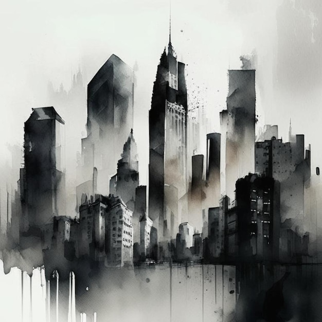 City scape watercolor painting in black and grey colors Abstract buildings in city on watercolor painting