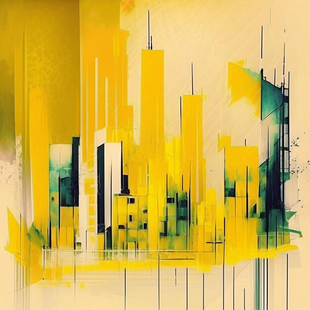 City scape watercolor painting in yellow and grey colors Abstract buildings in city on watercolor painting