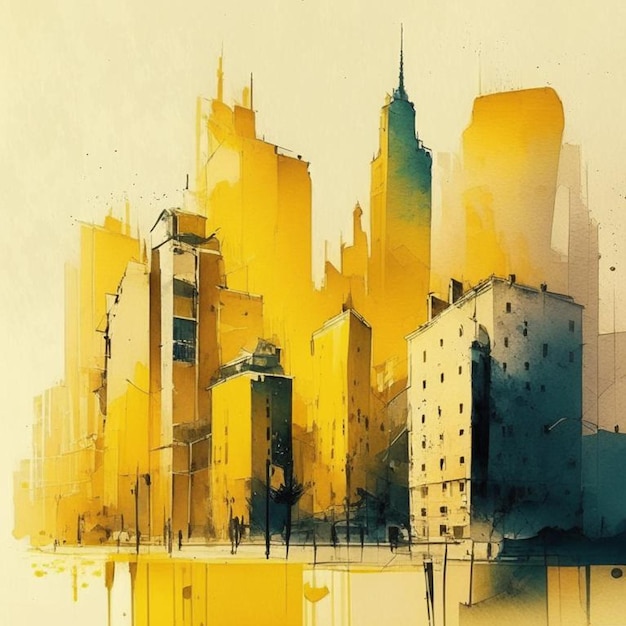 City scape watercolor painting in yellow and grey colors Abstract buildings in city on watercolor painting