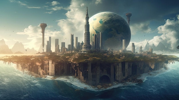 A city on a sea with a planet in the background