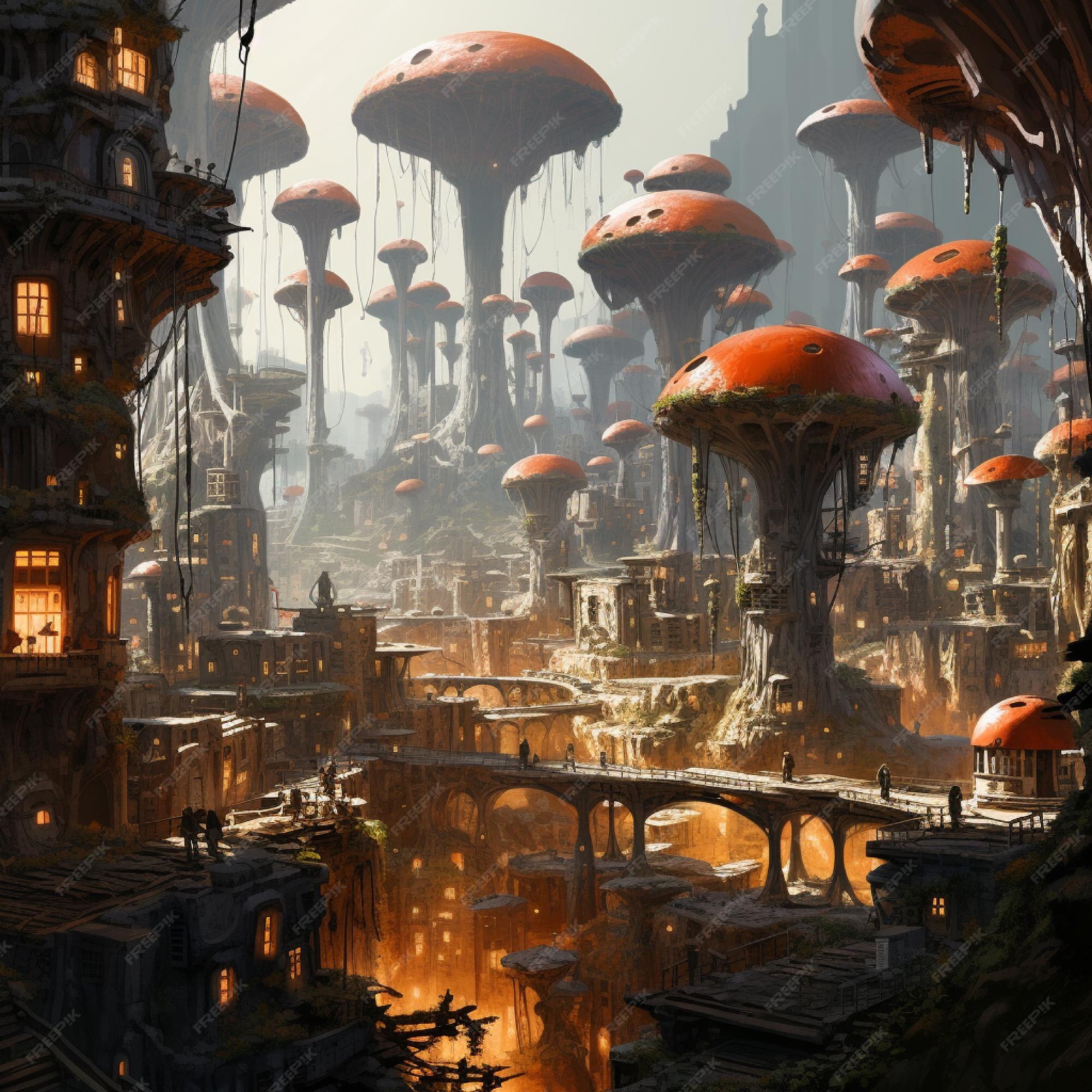 Premium AI Image | A city of sentient mushrooms