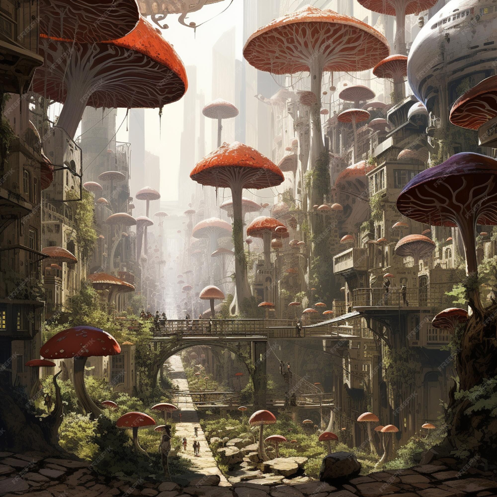 Premium AI Image | A city of sentient mushrooms