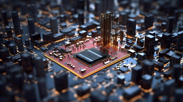 City shaped microchip illustration AI generated