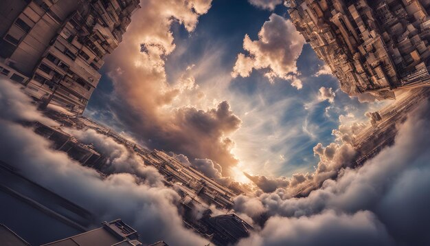 a city in the sky with clouds and buildings