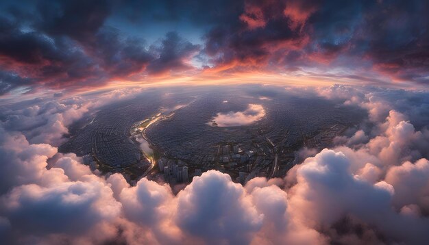 a city in the sky with clouds and the city below