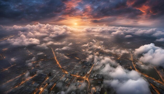 a city in the sky with the sun shining through the clouds