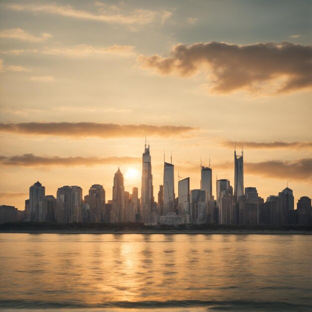 City skyline across the water at sunset