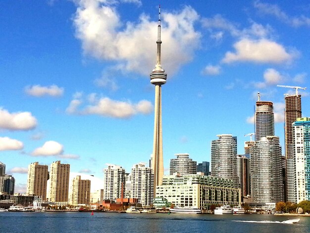 City skyline against cloudy sky