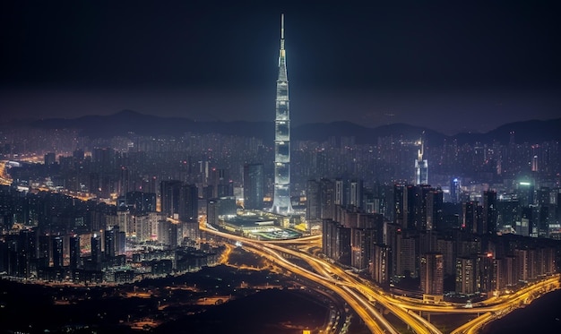 사진 아름다운 타워 건물과 함께 밤에 도시 스카이라인
