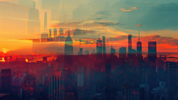 A city skyline blends with a tranquil sunset in double exposure