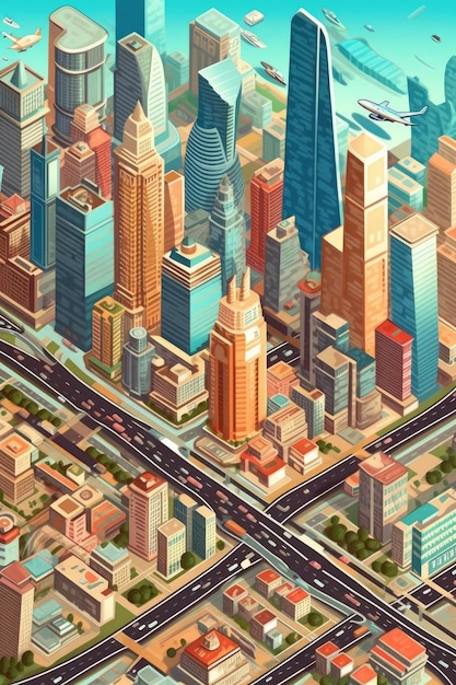 Foto skyline della città brulicante di traffico e grattacieli ia generativa