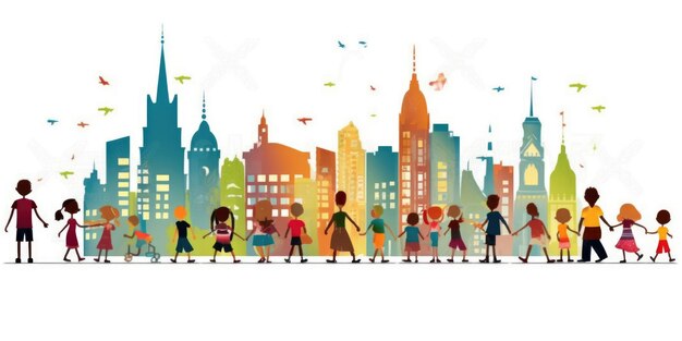 city skyline children cartoon funny on white background beautiful Generative AI AIG32