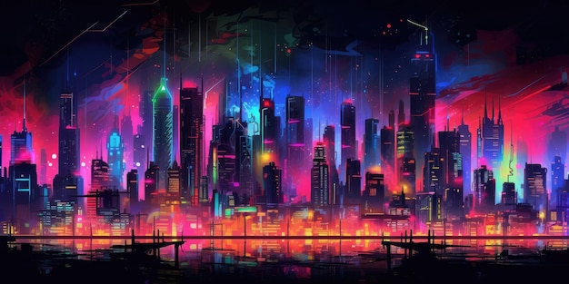 city skyline cyberpunk neon on dark background beautiful Generative AI AIG32