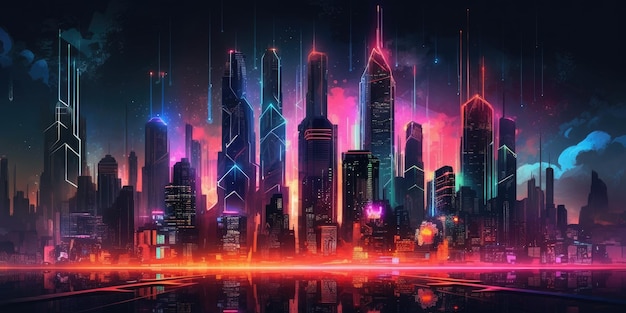 city skyline cyberpunk neon on dark background beautiful Generative AI AIG32