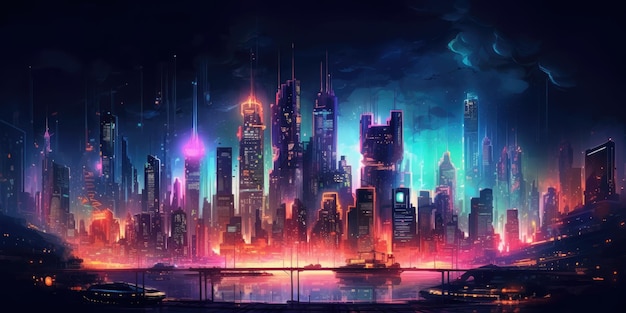 city skyline cyberpunk neon on dark background beautiful Generative AI AIG32