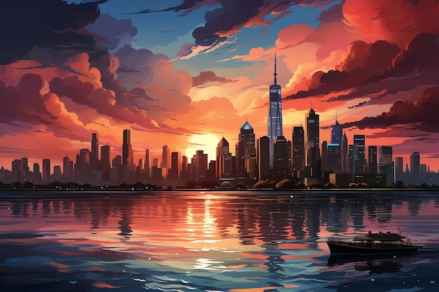 City skyline at dawn pop art wallpaper