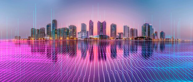 Foto uno skyline della città al crepuscolo con linee di griglia al neon sovrapposte contro uno sfondo crepuscolare che visualizza un concetto digitale generative ai