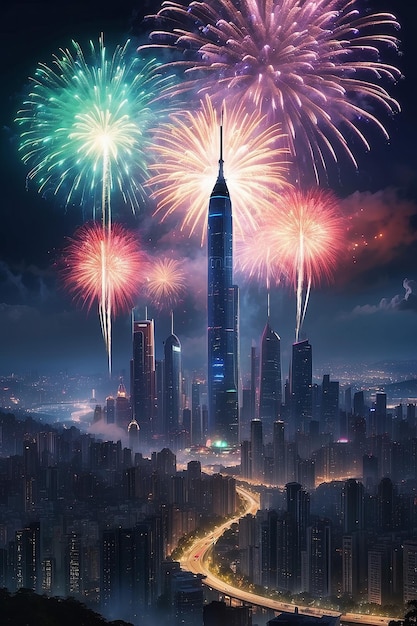 A city skyline during a futuristic fireworks festival