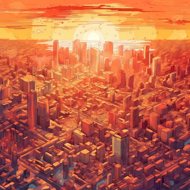 City skyline glimmers in warm sunset hues Generative AI