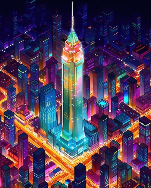 City skyline glows with neon lights and towering skyscrapers Generative AI