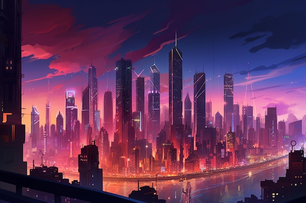 City skyline glows with neon lights and towering