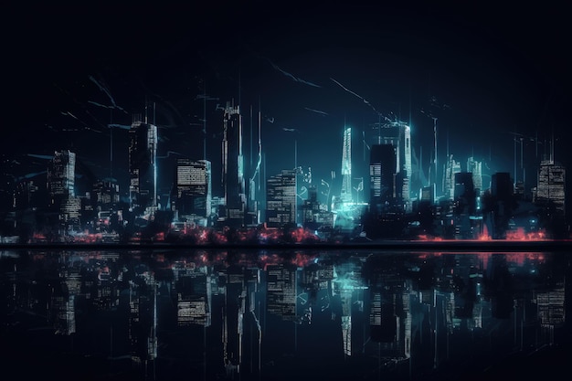 A city skyline is reflected in the water at night generative AI