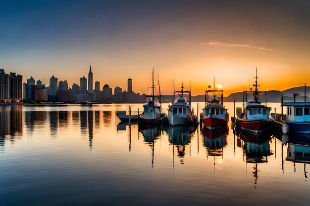 A city skyline is reflected in the water with boats in the foreground