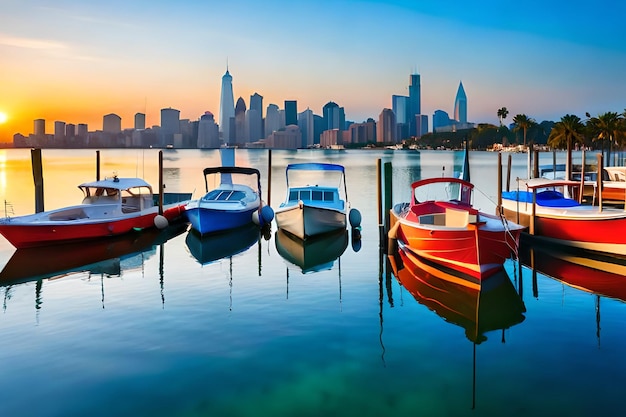 A city skyline is behind a row of boats in a harbor.