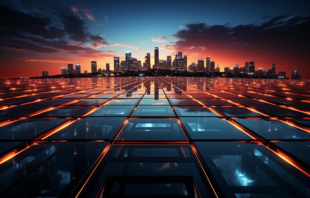 Photo city skyline is seen in the distance with grid of glass cubes covering the ground in front of it