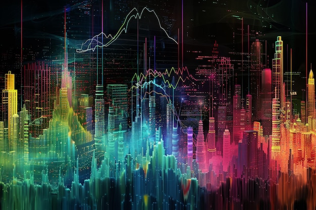 A city skyline is shown in a colorful abstract style