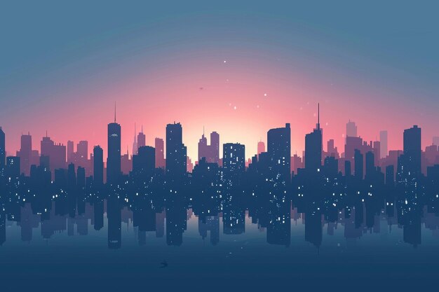 街のスカイラインは夜に示されています空はピンクの鮮やかな色で輝いており夕暮れの街のスカーラインの単純な表現です AIが生成しました