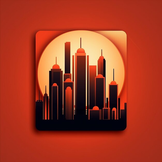 a city skyline is shown on a red background.