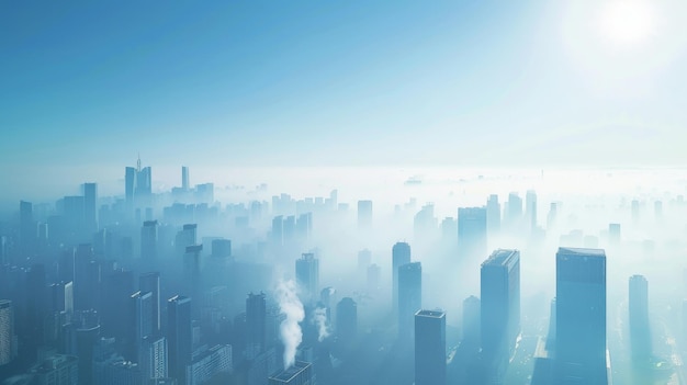 A city skyline is shown with a clear blue sky above it thanks to the use of clean renewable energy