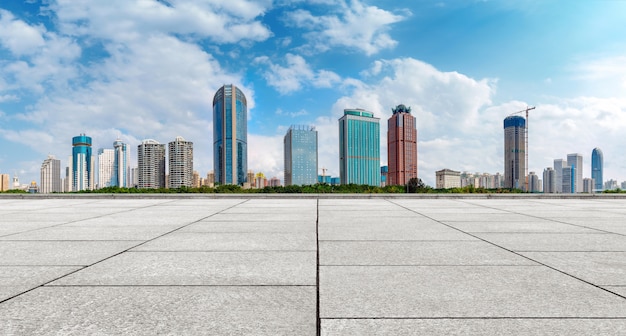 City skyline and marble floor