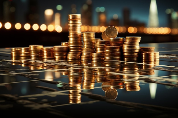 City skyline merges with rows of coins symbolizing teamwork in finance