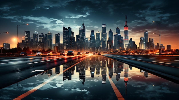 city of skyline newyork city sunset aurora sea view horizon vehicle light trails background