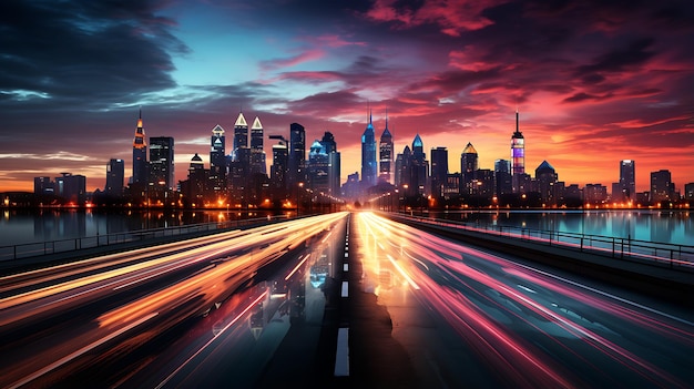 city of skyline newyork city sunset aurora sea view horizon vehicle light trails background