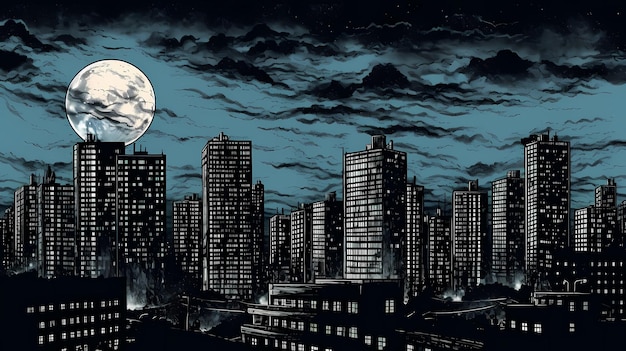 A city skyline at night comic book style digital art illustration