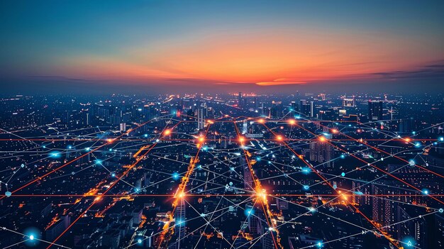 Photo city skyline at night from above with data connectivity link light grid
