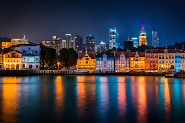 a city skyline at night with the city skyline in the background.