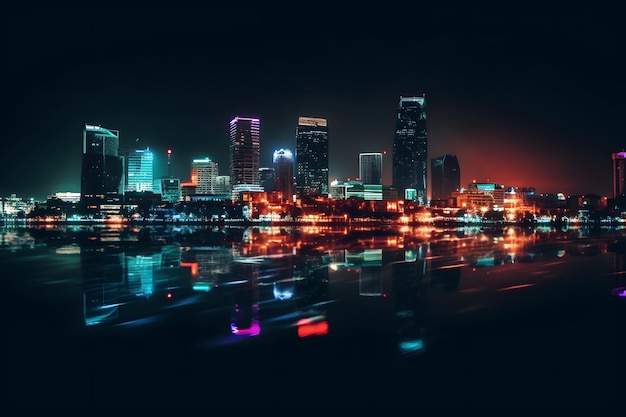 A city skyline at night with colorful lights and reflections on the water Business District Background Generative Ai